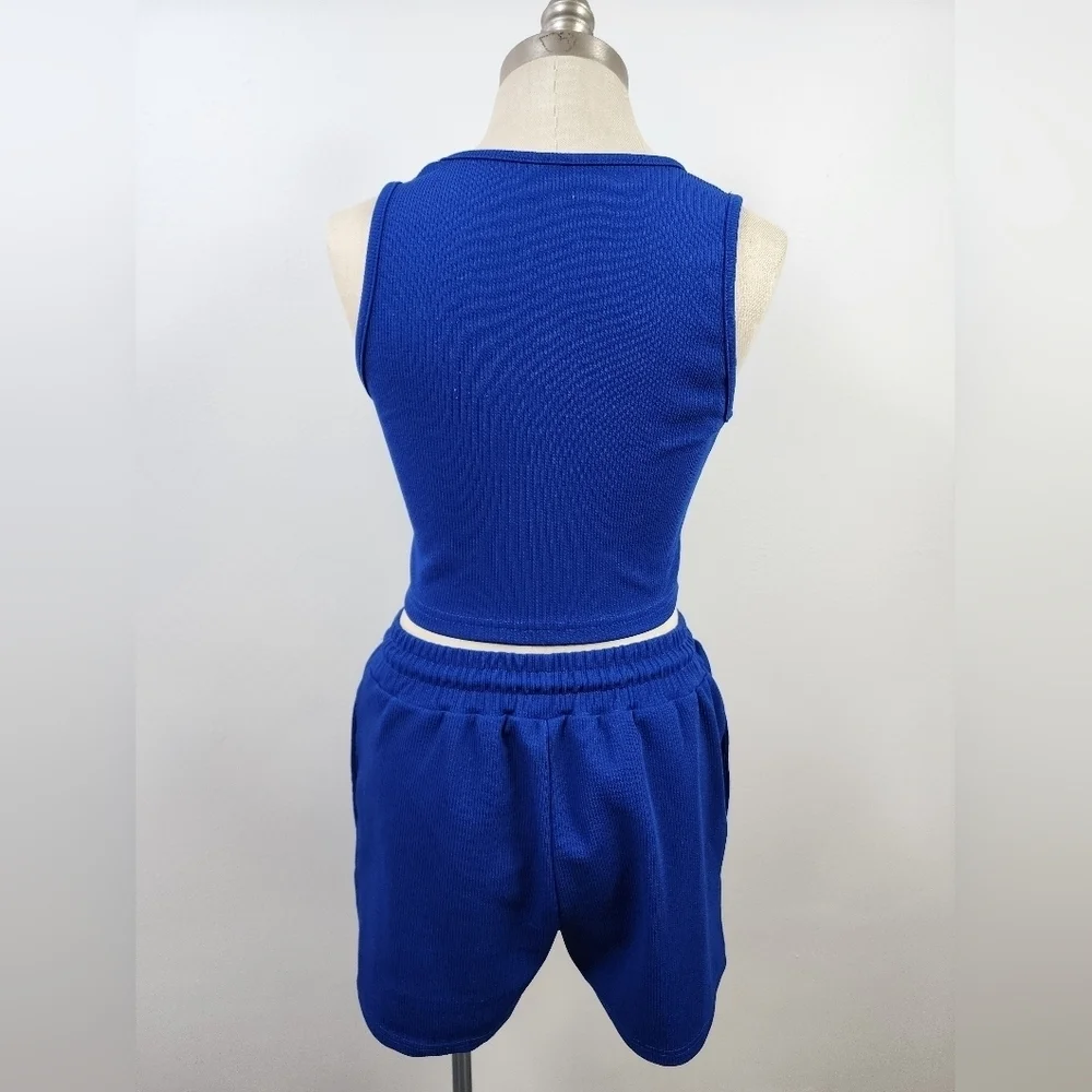 SHEIN Blue Textured Knit Tank & Shorts Matching Lounge Set Size Medium